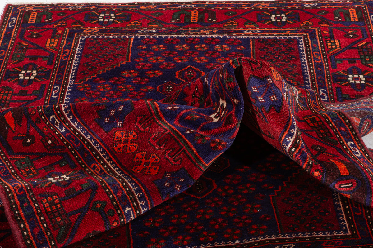 Vintage Red, navy blue Geometric Hand-Knotted Area Rug – 7' 2" x 4' 4" (219 x 133 cm)