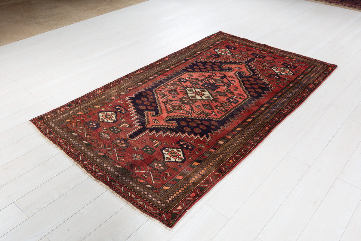 Vintage Rust red, salmon pink, brown Geometric Hand-Knotted Area Rug – 7' 2" x 4' 2" (218 x 126 cm)