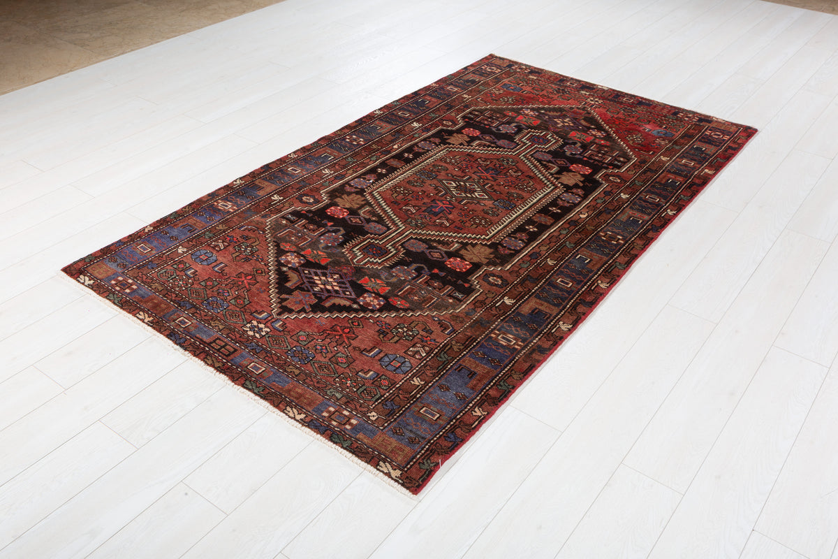 Vintage Rust red, black Geometric Hand-Knotted Area Rug – 7' 3" x 4' 3" (222 x 129 cm)