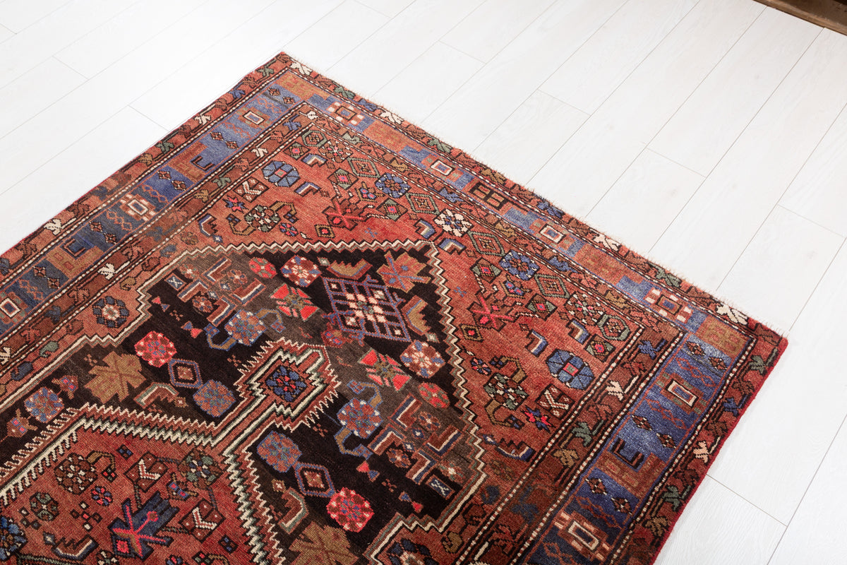 Vintage Rust red, black Geometric Hand-Knotted Area Rug – 7' 3" x 4' 3" (222 x 129 cm)