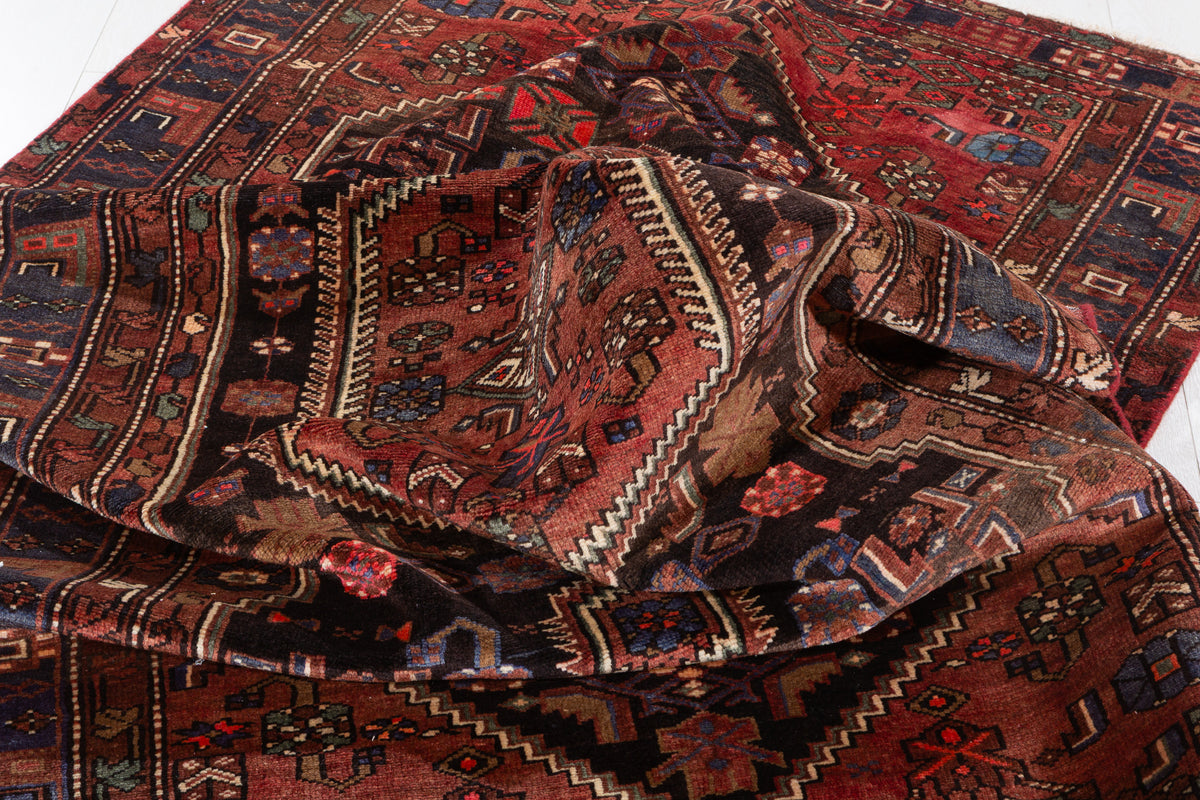 Vintage Rust red, black Geometric Hand-Knotted Area Rug – 7' 3" x 4' 3" (222 x 129 cm)