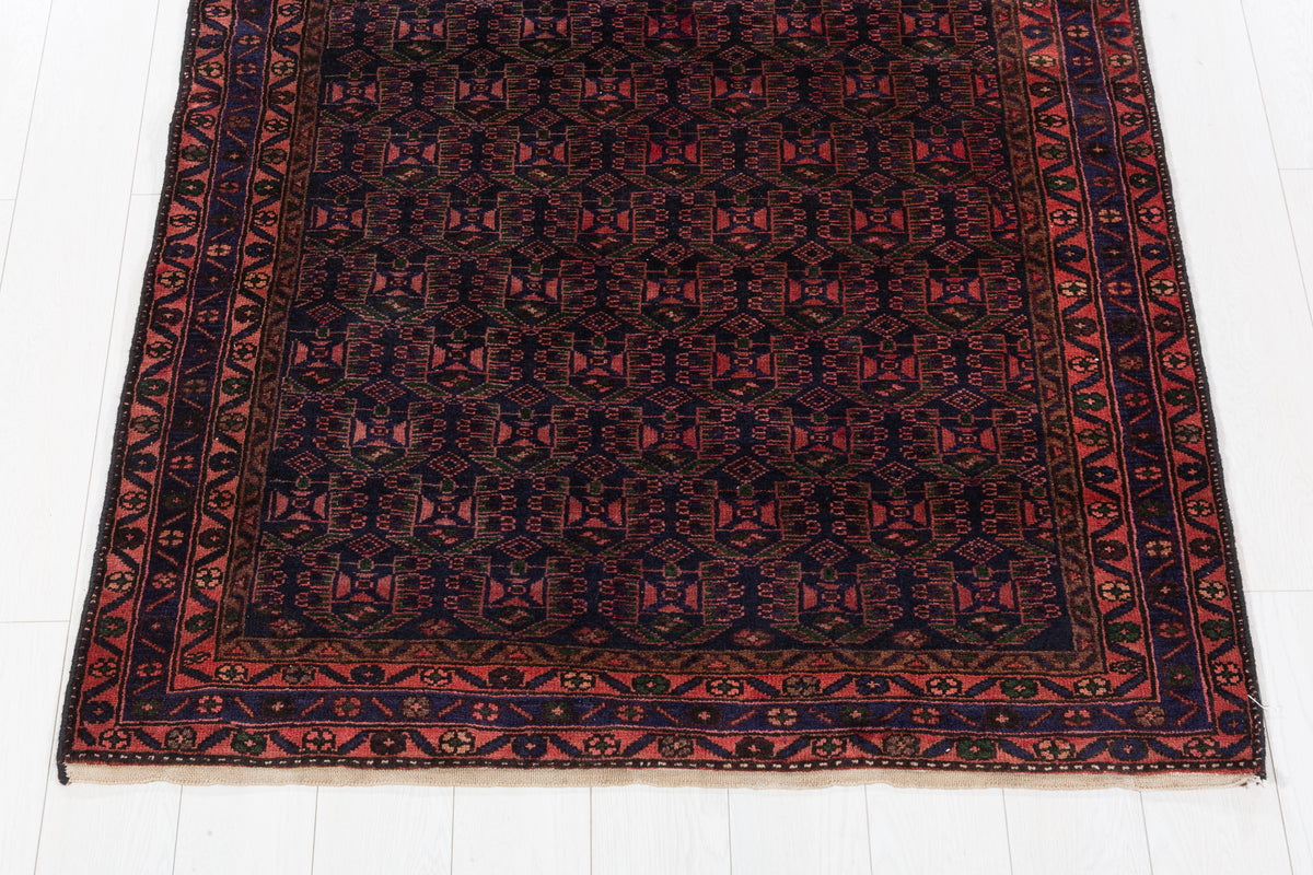 Collectible Vintage Red, deep navy blue Geometric Hand-Knotted Area Rug – 6' 6" x 4' 2" (199 x 127 cm)