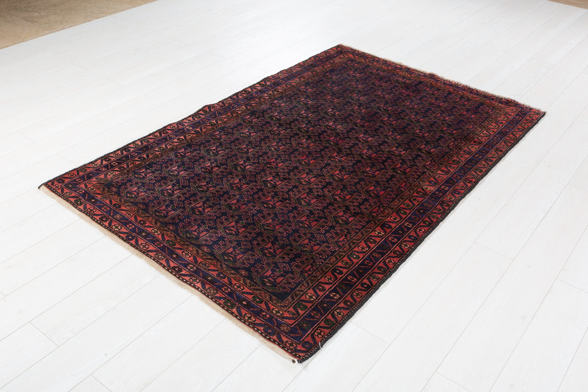 Collectible Vintage Red, deep navy blue Geometric Hand-Knotted Area Rug – 6' 6" x 4' 2" (199 x 127 cm)
