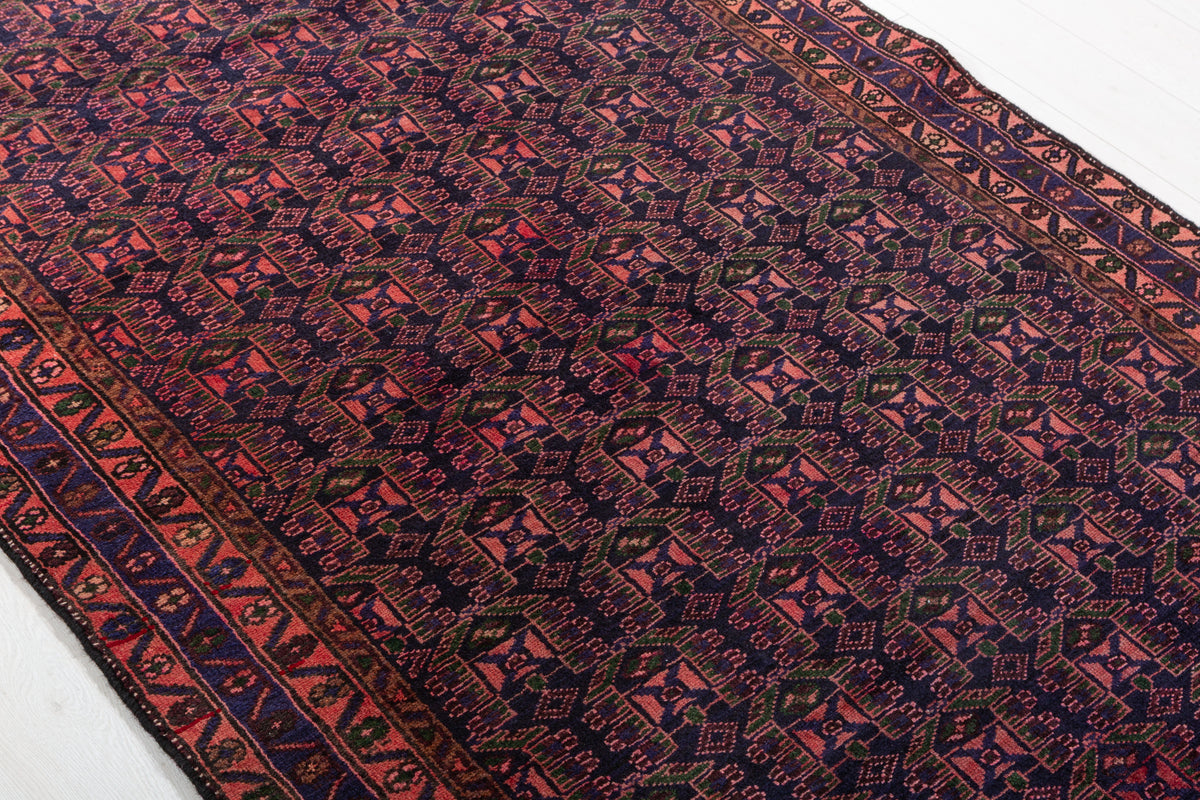 Collectible Vintage Red, deep navy blue Geometric Hand-Knotted Area Rug – 6' 6" x 4' 2" (199 x 127 cm)