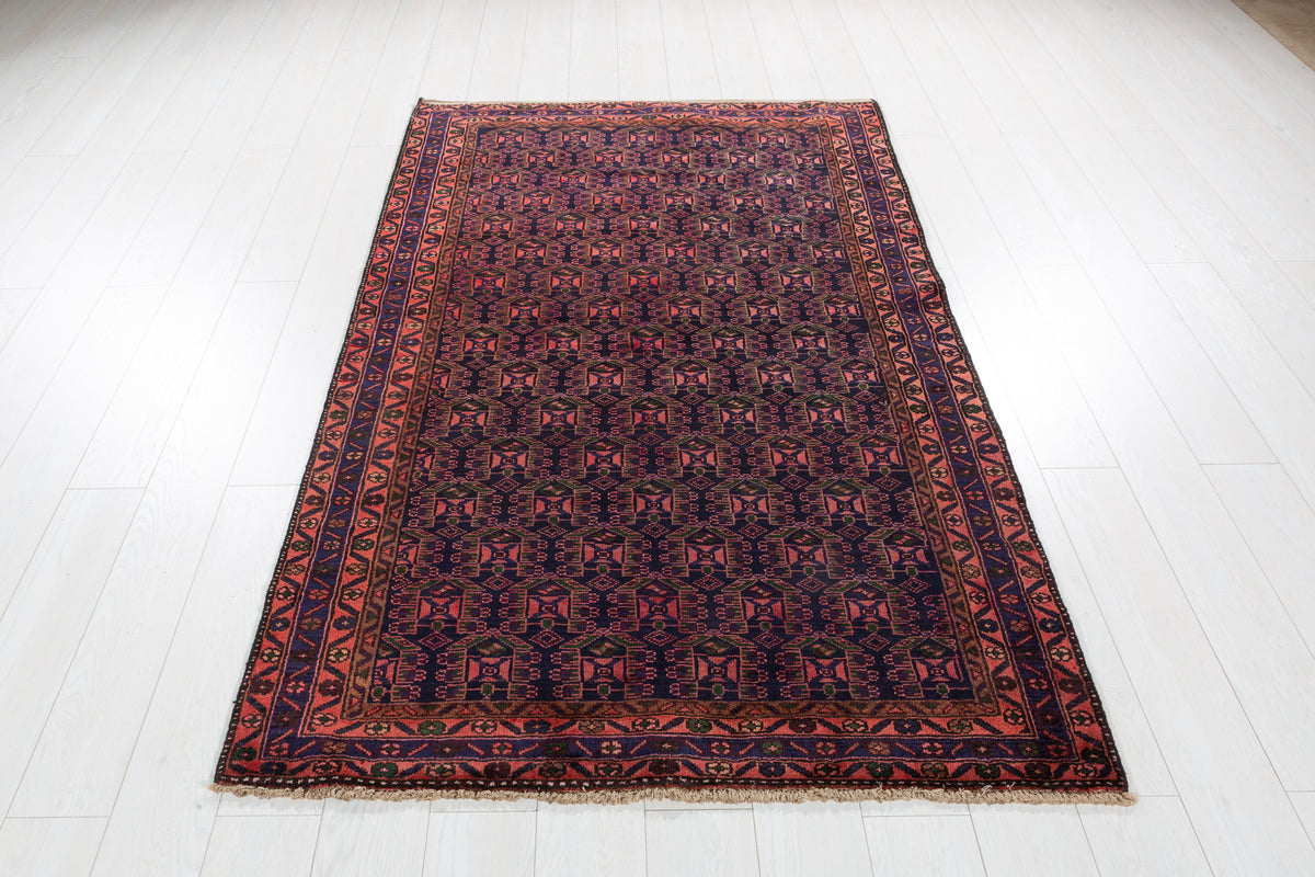 Collectible Vintage Red, deep navy blue Geometric Hand-Knotted Area Rug – 6' 6" x 4' 2" (199 x 127 cm)