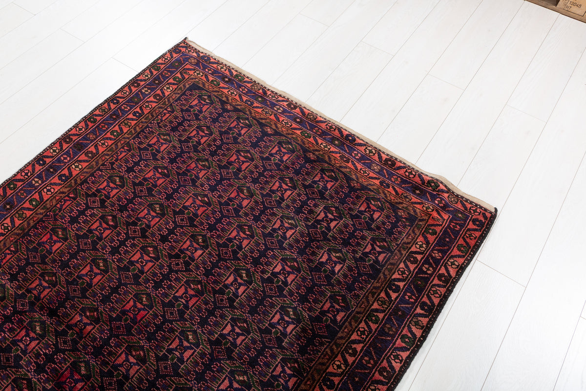 Collectible Vintage Red, deep navy blue Geometric Hand-Knotted Area Rug – 6' 6" x 4' 2" (199 x 127 cm)
