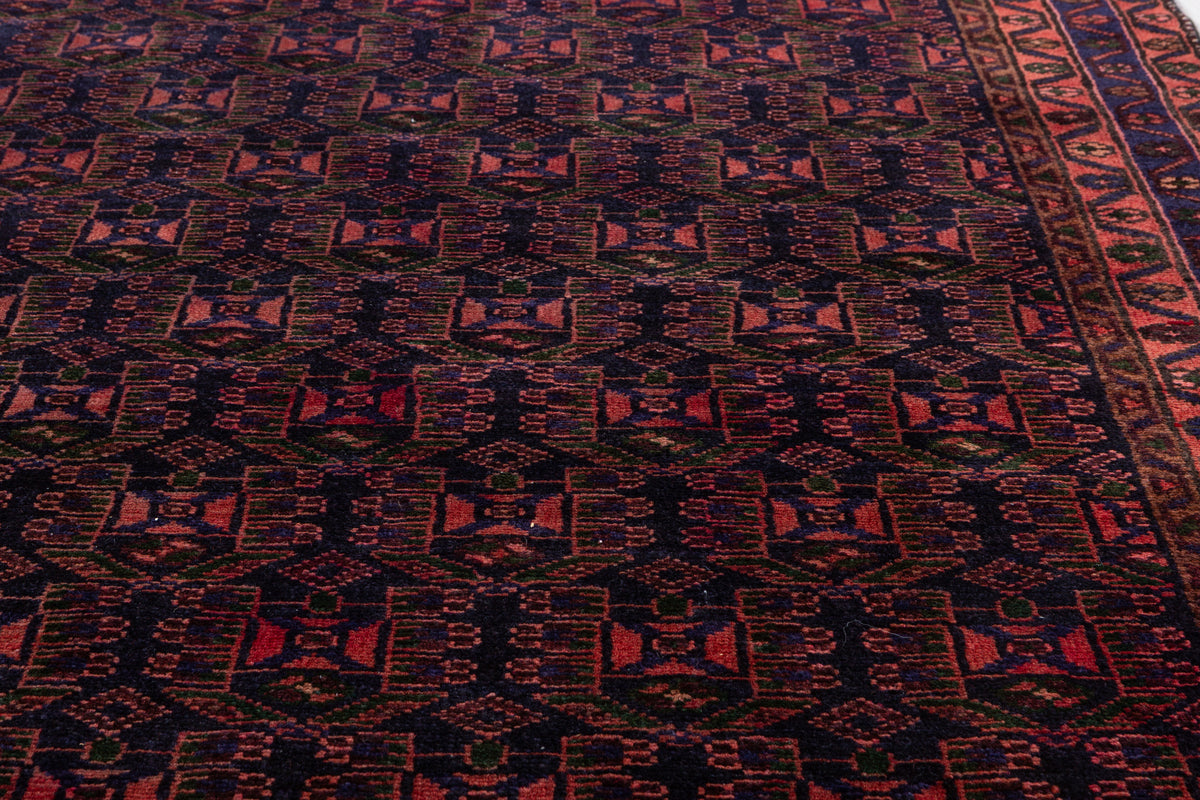 Collectible Vintage Red, deep navy blue Geometric Hand-Knotted Area Rug – 6' 6" x 4' 2" (199 x 127 cm)