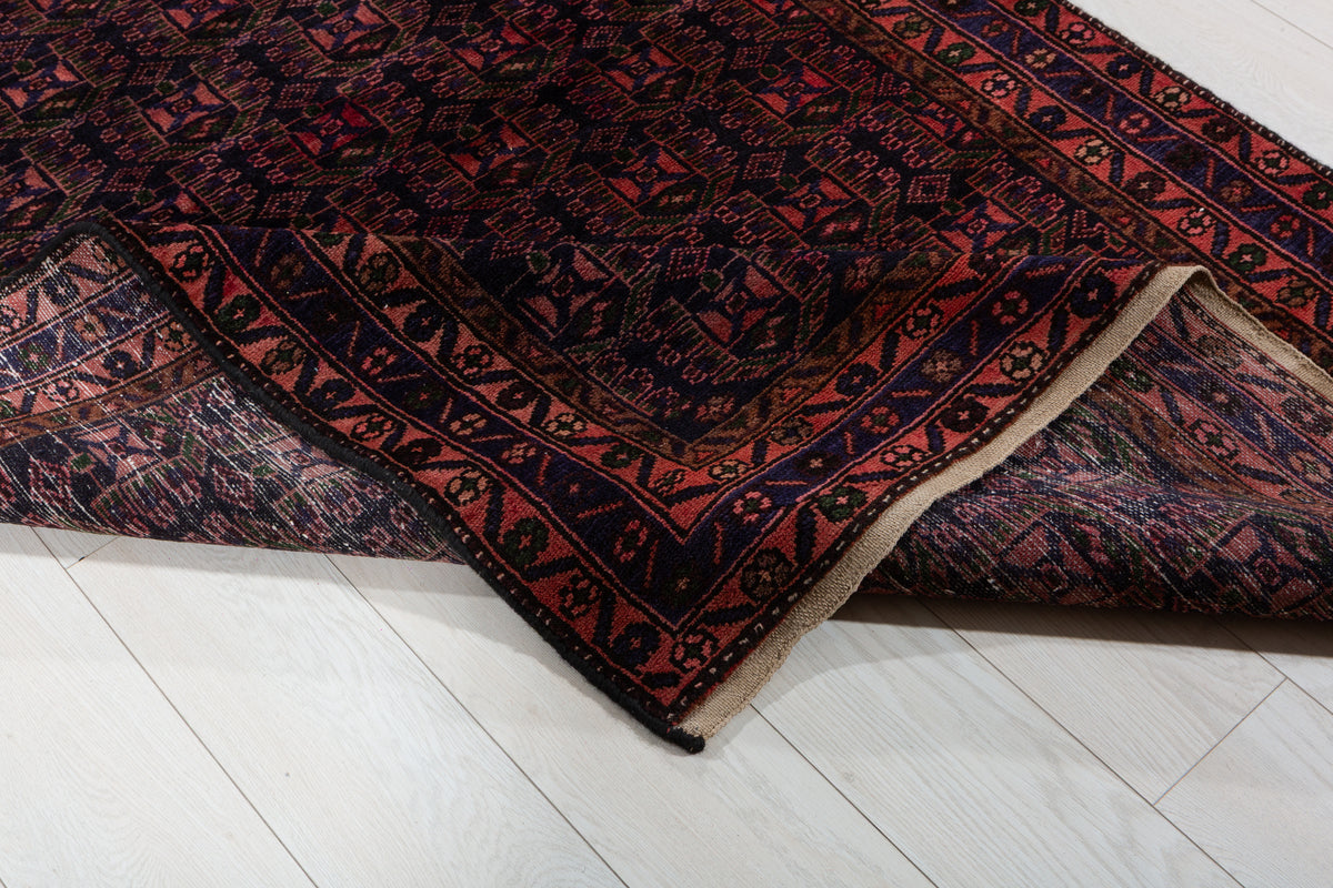 Collectible Vintage Red, deep navy blue Geometric Hand-Knotted Area Rug – 6' 6" x 4' 2" (199 x 127 cm)