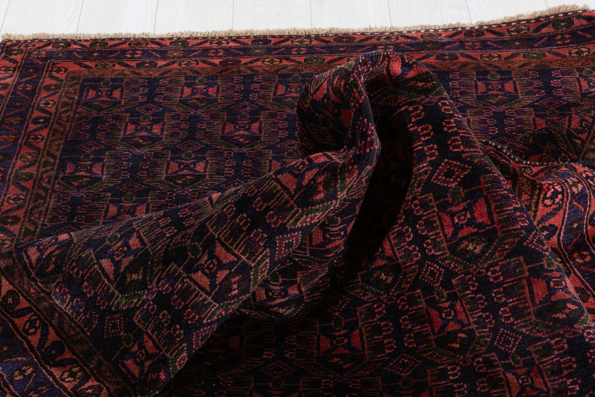 Collectible Vintage Red, deep navy blue Geometric Hand-Knotted Area Rug – 6' 6" x 4' 2" (199 x 127 cm)