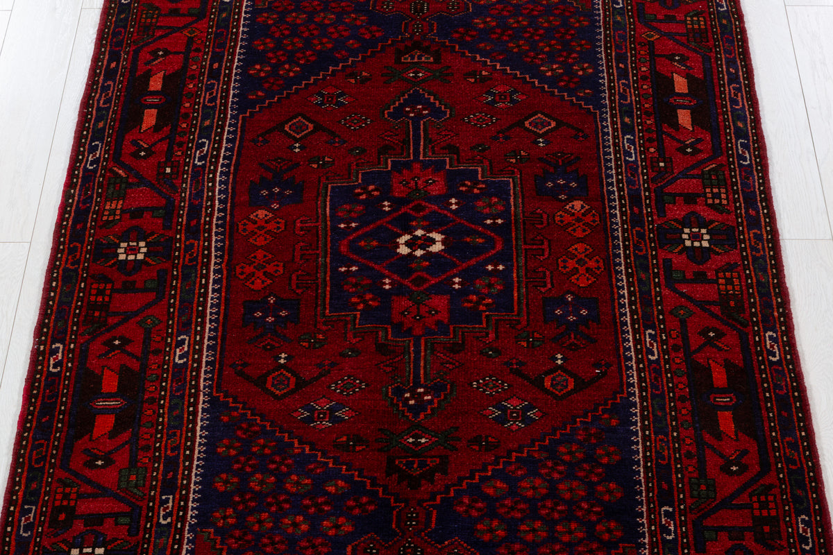 Vintage Red, navy blue Geometric Hand-Knotted Area Rug – 7' 2" x 4' 4" (218 x 132 cm)