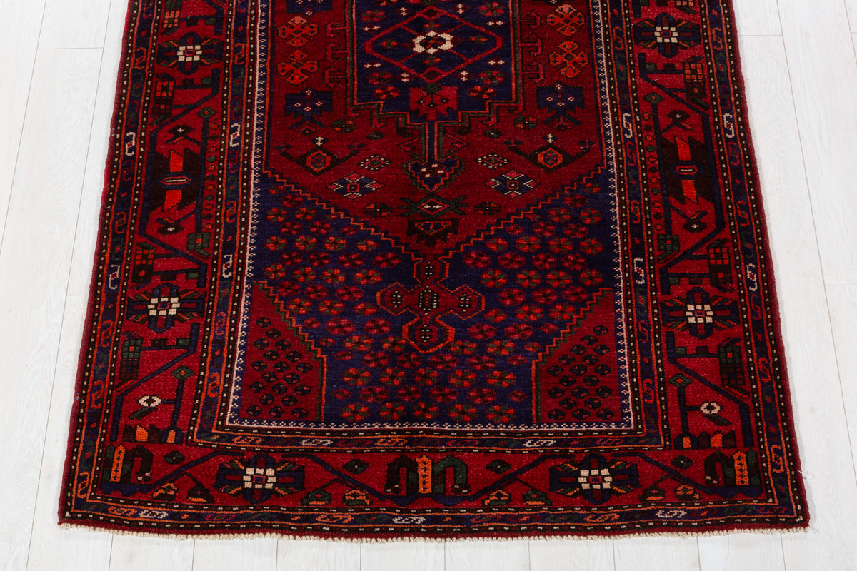 Vintage Red, navy blue Geometric Hand-Knotted Area Rug – 7' 2" x 4' 4" (218 x 132 cm)