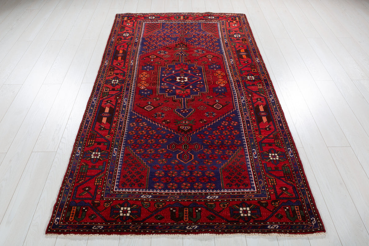 Vintage Red, navy blue Geometric Hand-Knotted Area Rug – 7' 2" x 4' 4" (218 x 132 cm)