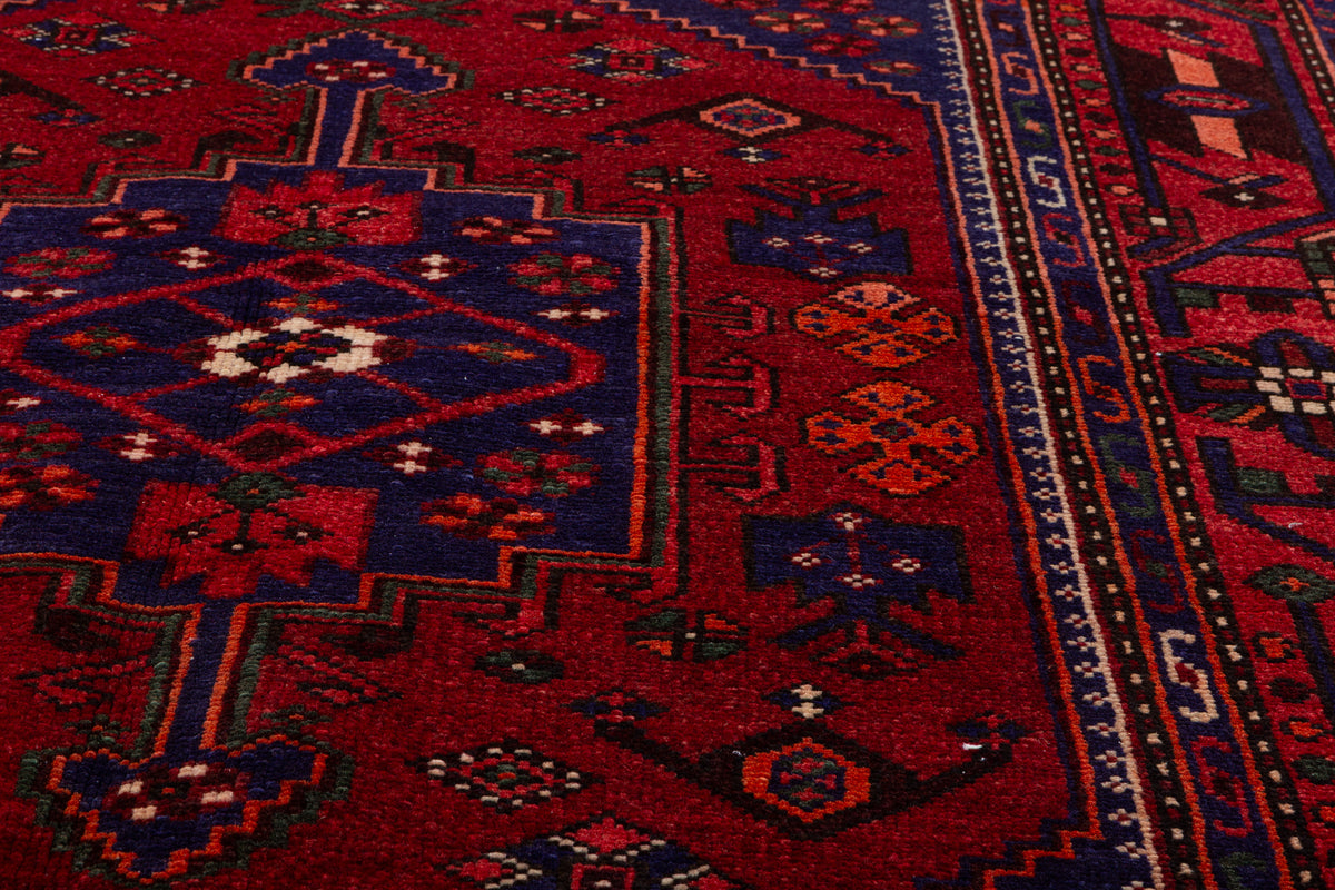 Vintage Red, navy blue Geometric Hand-Knotted Area Rug – 7' 2" x 4' 4" (218 x 132 cm)