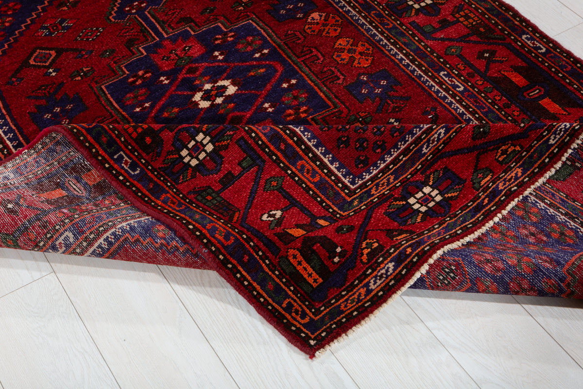 Vintage Red, navy blue Geometric Hand-Knotted Area Rug – 7' 2" x 4' 4" (218 x 132 cm)