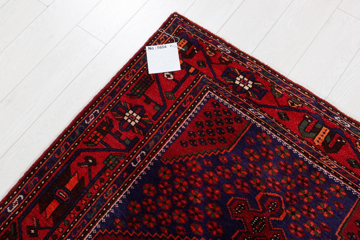 Vintage Red, navy blue Geometric Hand-Knotted Area Rug – 7' 2" x 4' 4" (218 x 132 cm)