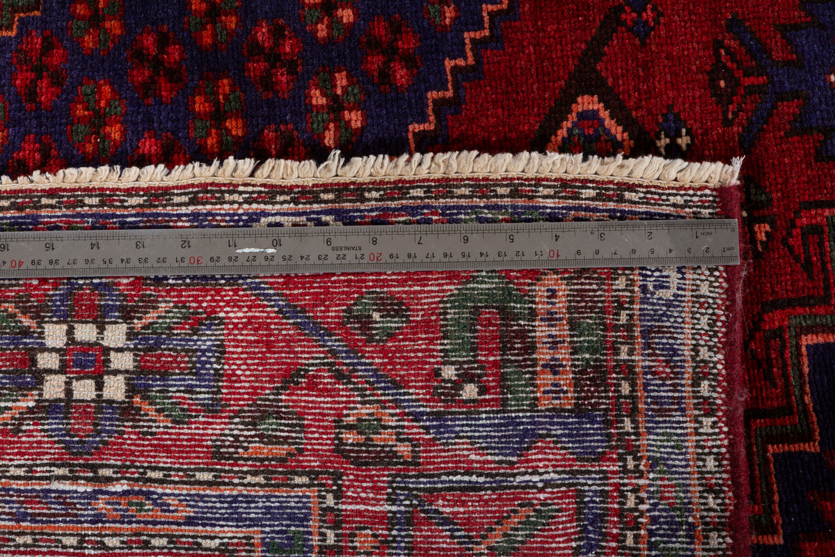 Vintage Red, navy blue Geometric Hand-Knotted Area Rug – 7' 2" x 4' 4" (218 x 132 cm)