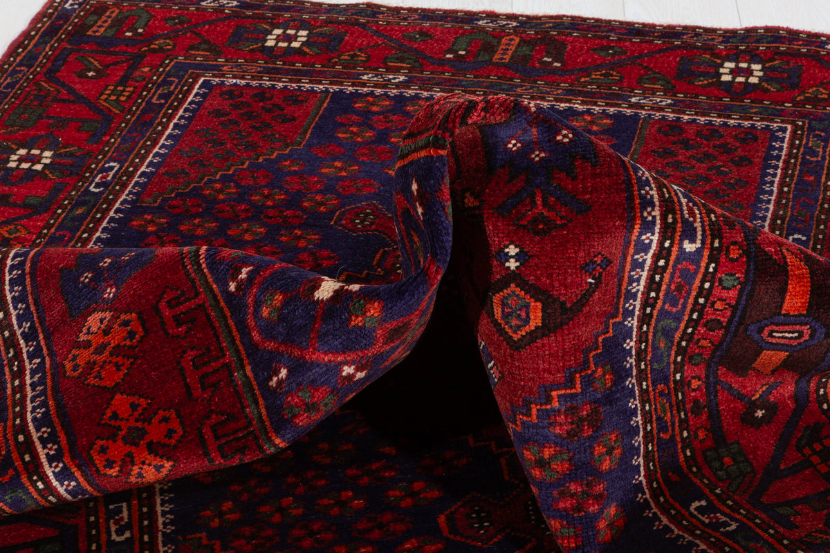 Vintage Red, navy blue Geometric Hand-Knotted Area Rug – 7' 2" x 4' 4" (218 x 132 cm)