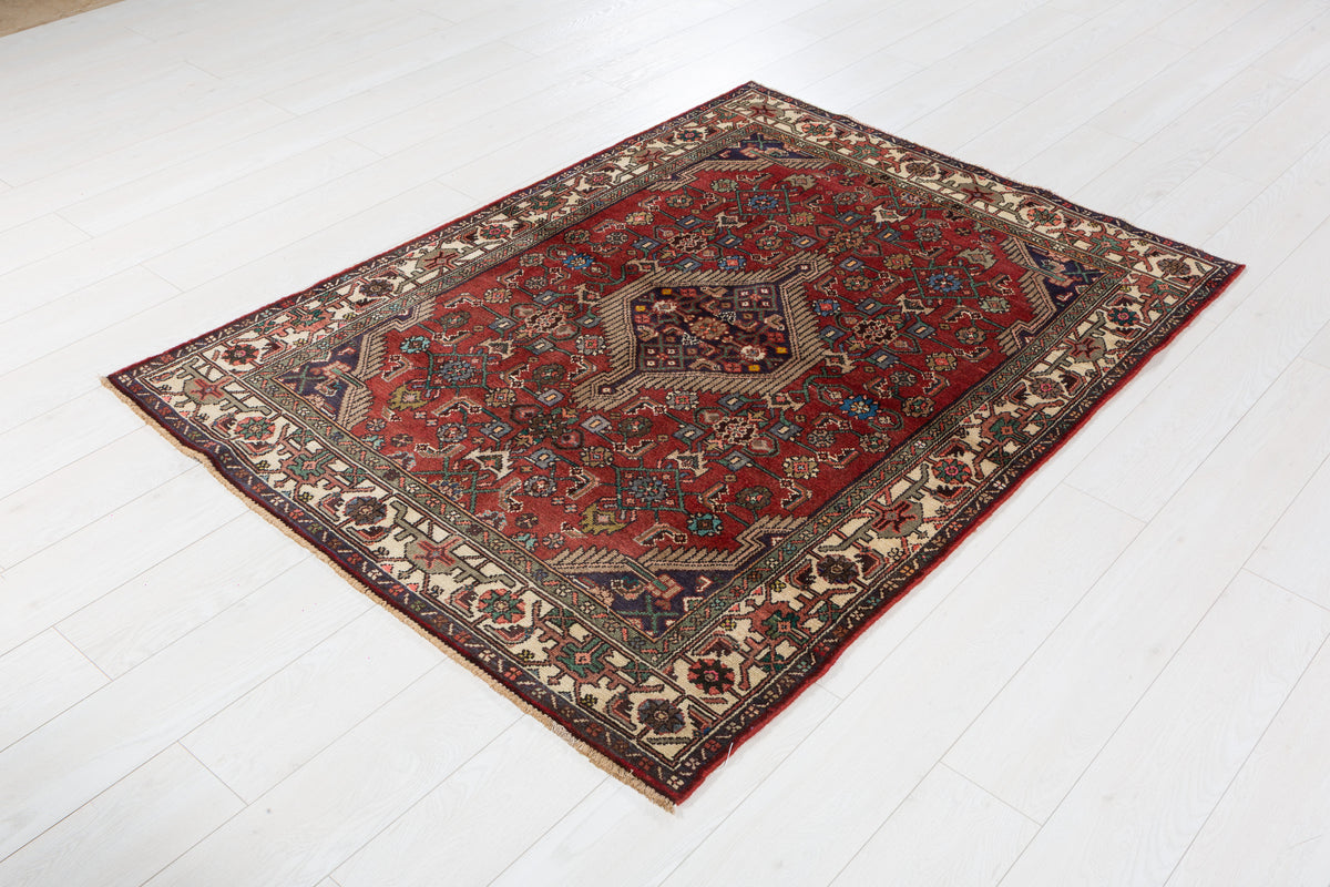 Vintage Rust red, beige Geometric Hand-Knotted Area Rug – 5' 8" x 4' 1" (172 x 125 cm)