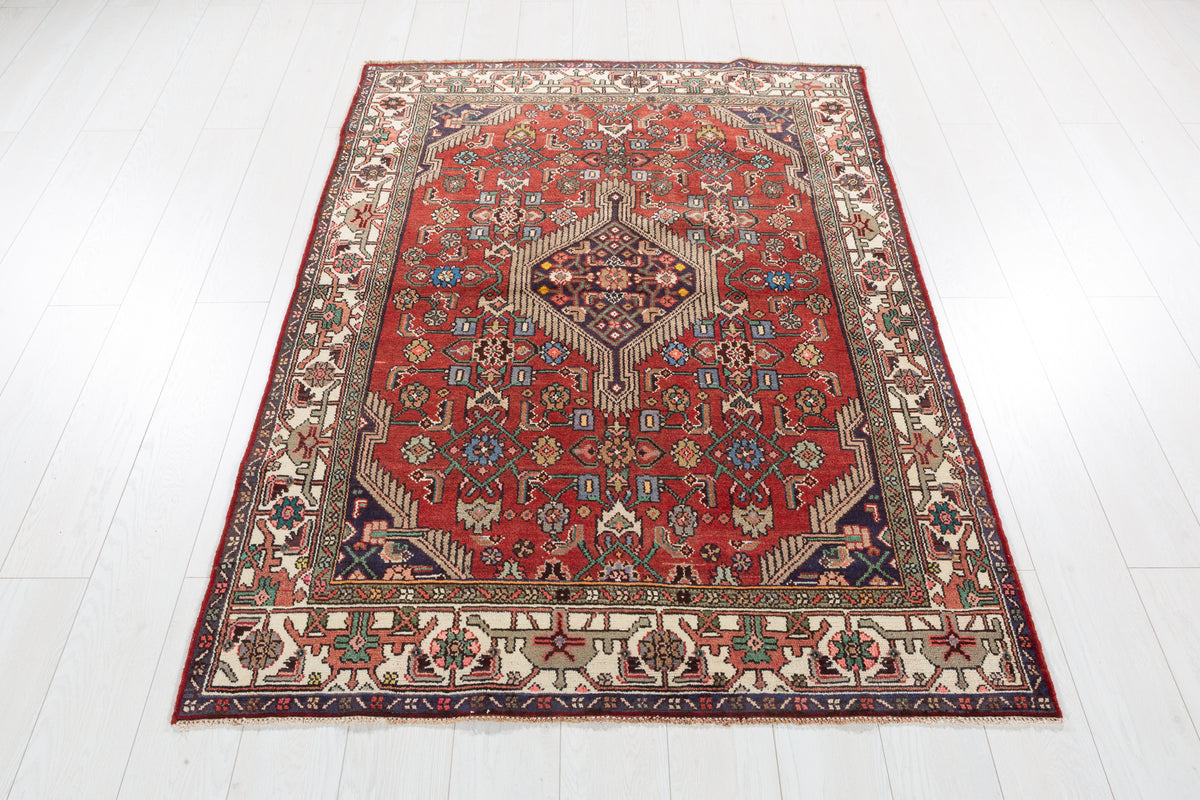 Vintage Rust red, beige Geometric Hand-Knotted Area Rug – 5' 8" x 4' 1" (172 x 125 cm)