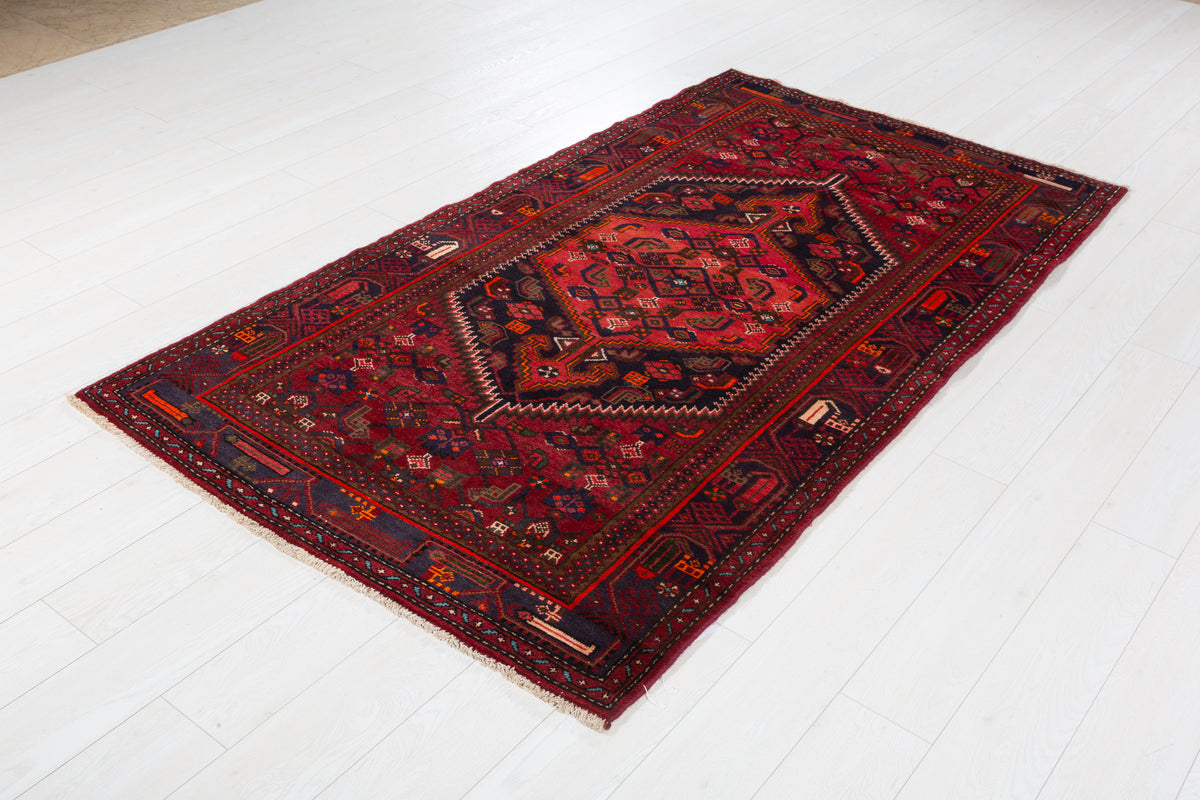 Vintage Red, black Geometric Hand-Knotted Area Rug – 7' 3" x 4' 0" (222 x 123 cm)