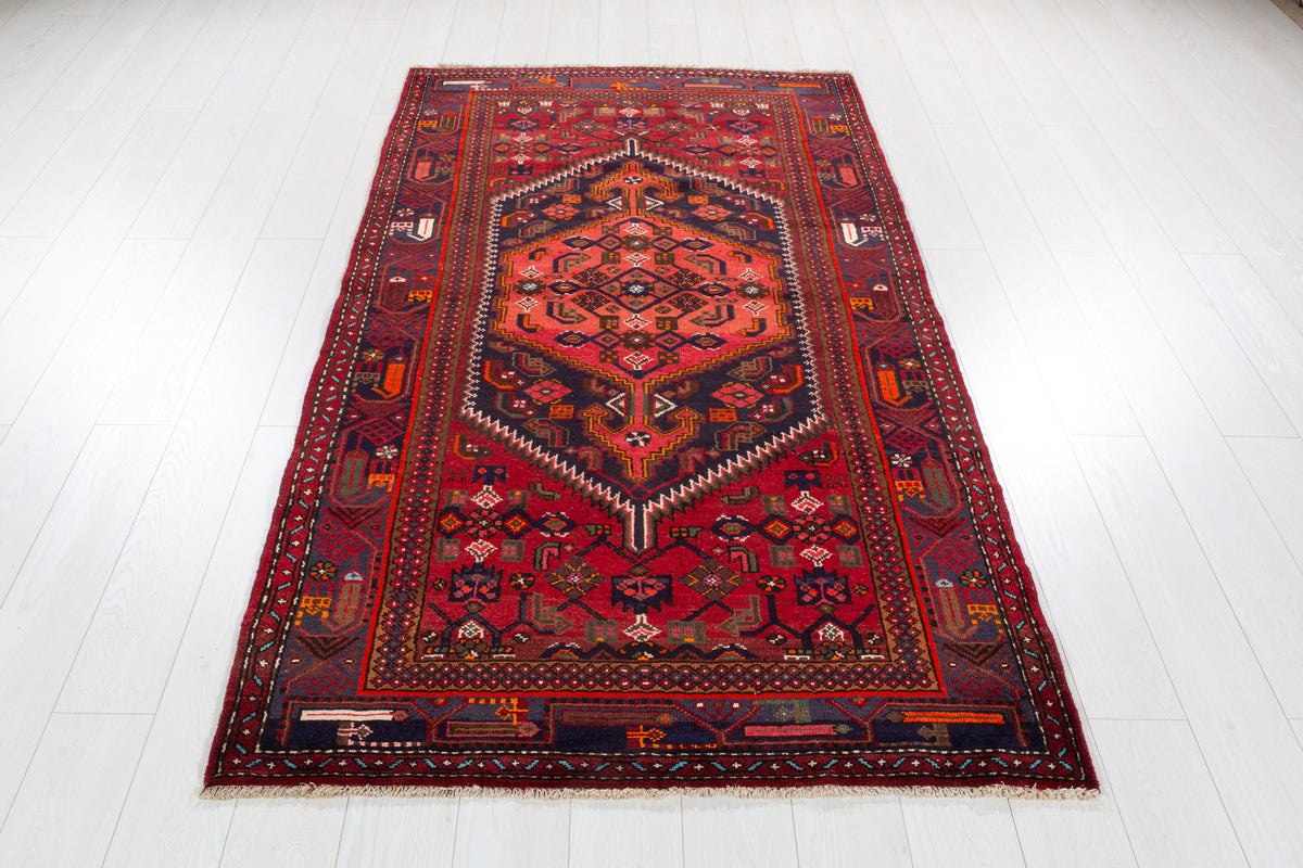 Vintage Red, black Geometric Hand-Knotted Area Rug – 7' 3" x 4' 0" (222 x 123 cm)