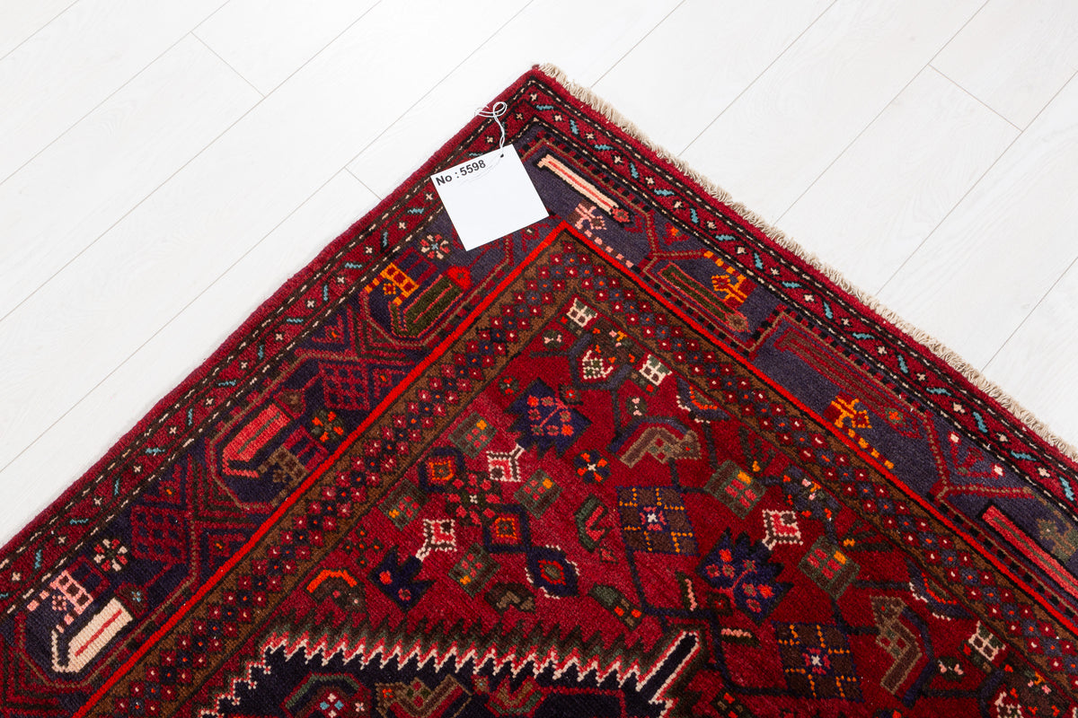Vintage Red, black Geometric Hand-Knotted Area Rug – 7' 3" x 4' 0" (222 x 123 cm)