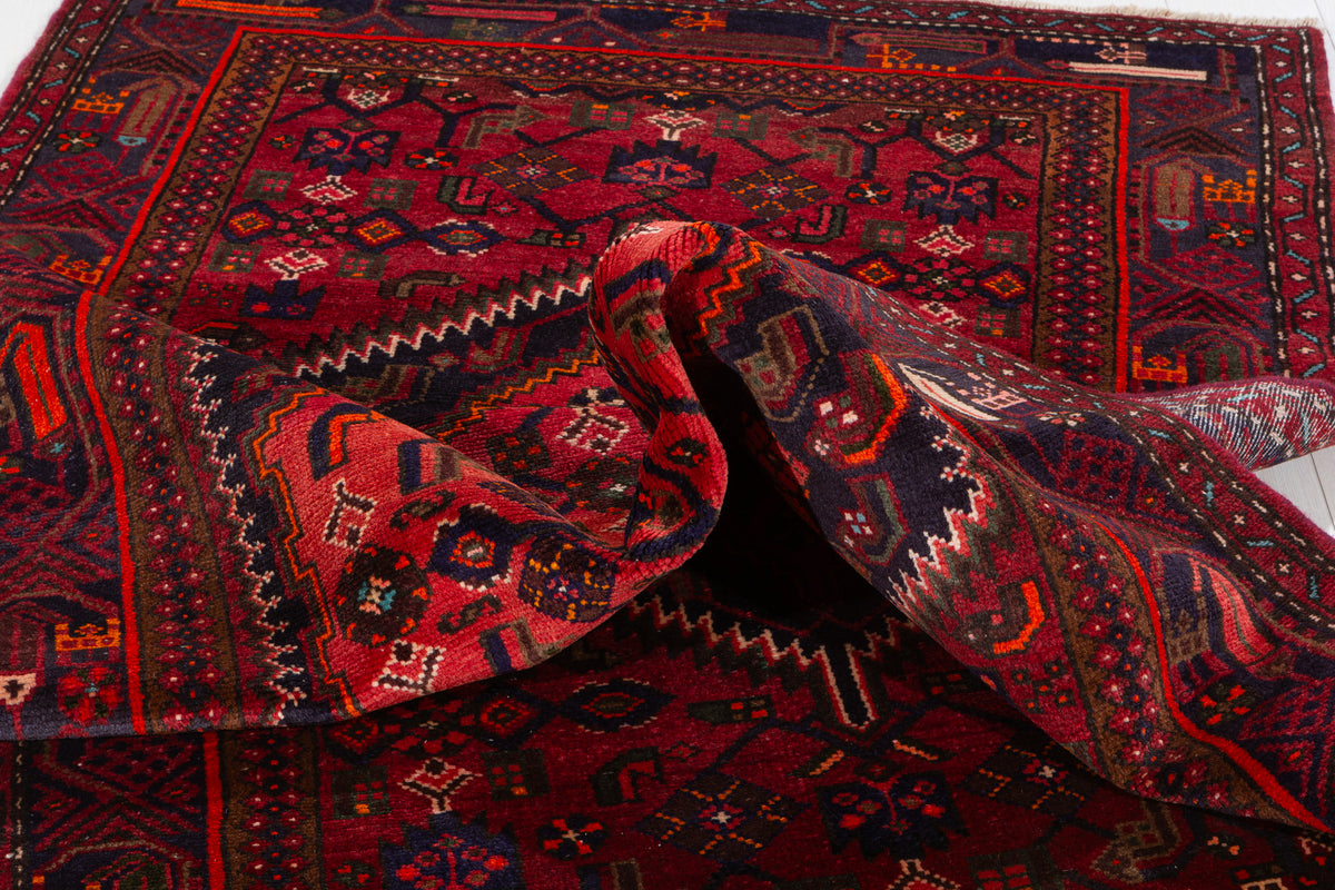 Vintage Red, black Geometric Hand-Knotted Area Rug – 7' 3" x 4' 0" (222 x 123 cm)