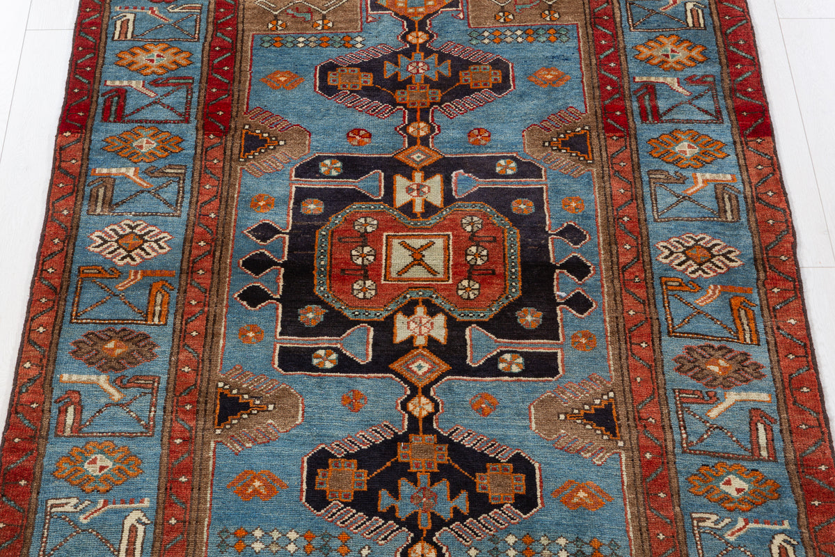 Collectible Vintage Turquoise blue, brown Geometric Hand-Knotted Area Rug – 6' 4" x 4' 3" (192 x 129 cm)