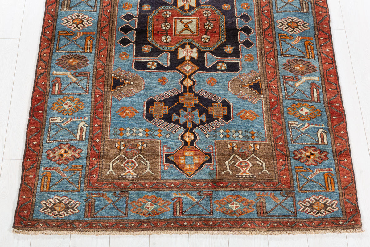 Collectible Vintage Turquoise blue, brown Geometric Hand-Knotted Area Rug – 6' 4" x 4' 3" (192 x 129 cm)