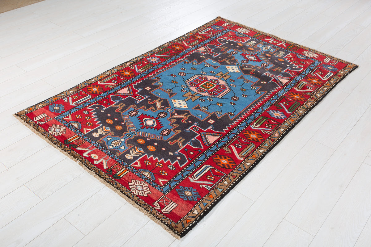 Collectible Vintage Turquoise blue, navy blue, red Geometric Hand-Knotted Area Rug – 6' 7" x 4' 0" (200 x 122 cm)