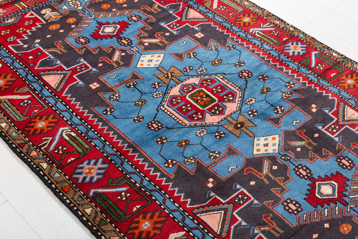 Collectible Vintage Turquoise blue, navy blue, red Geometric Hand-Knotted Area Rug – 6' 7" x 4' 0" (200 x 122 cm)
