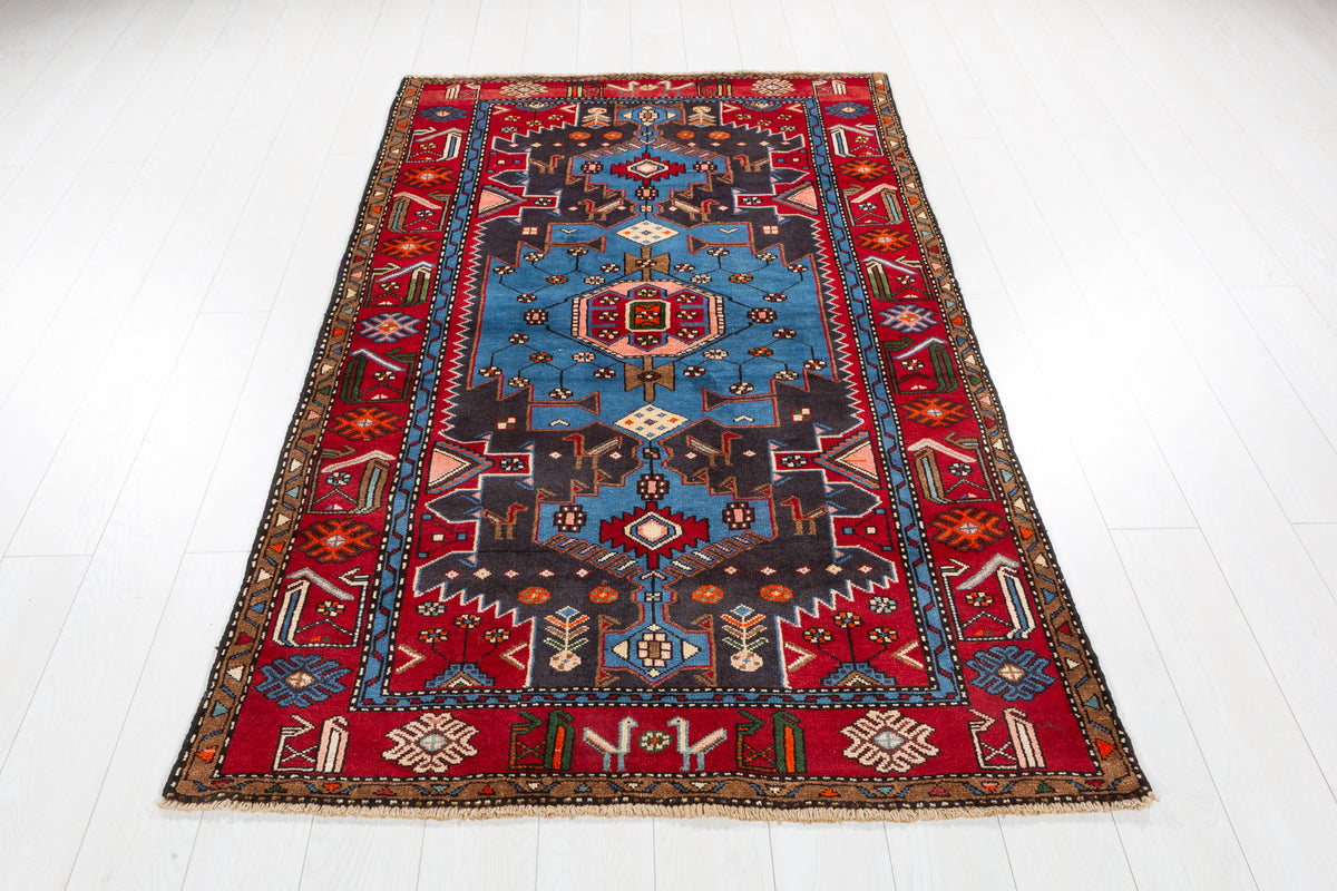 Collectible Vintage Turquoise blue, navy blue, red Geometric Hand-Knotted Area Rug – 6' 7" x 4' 0" (200 x 122 cm)