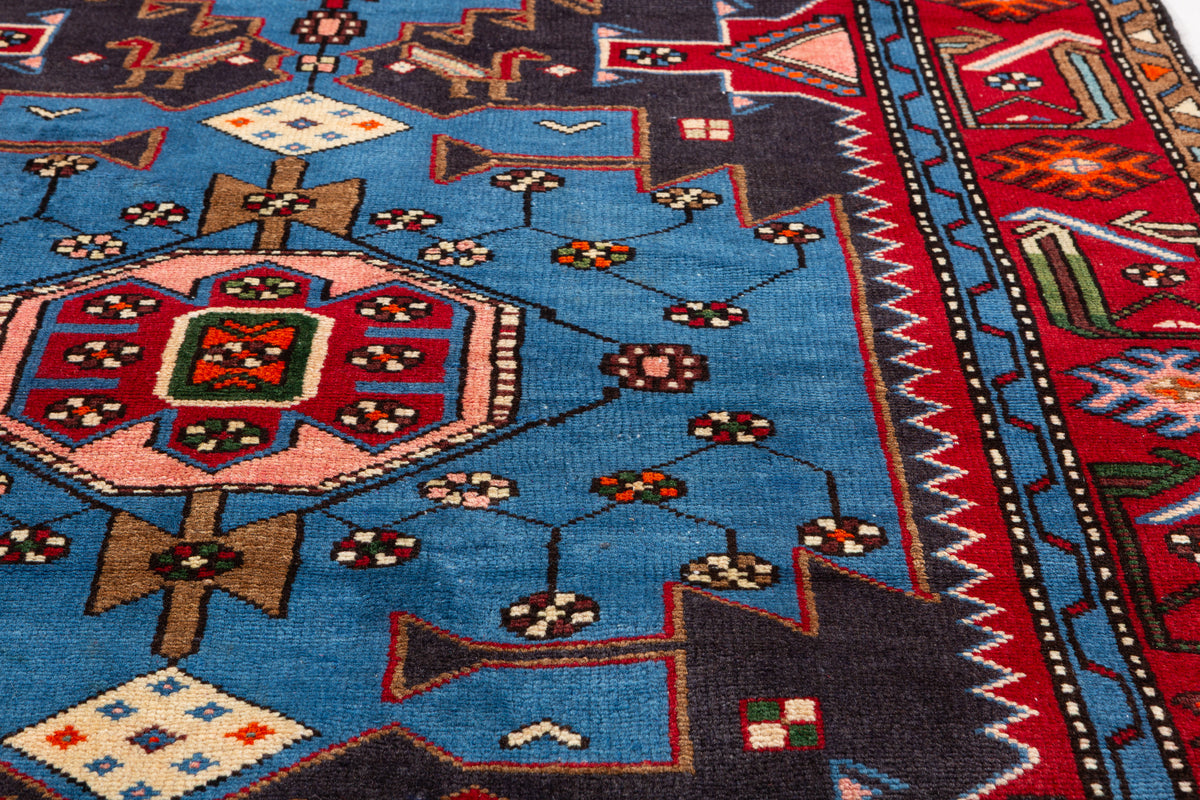 Collectible Vintage Turquoise blue, navy blue, red Geometric Hand-Knotted Area Rug – 6' 7" x 4' 0" (200 x 122 cm)