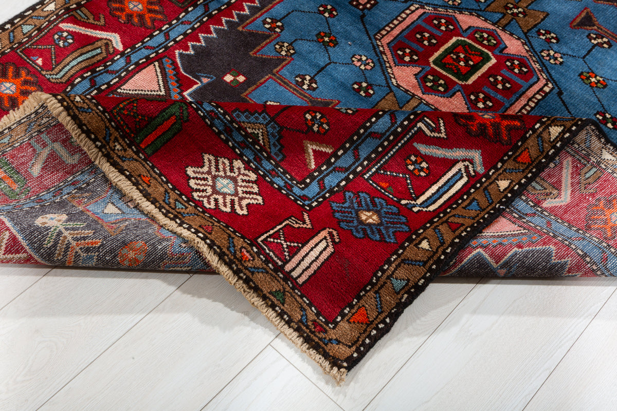 Collectible Vintage Turquoise blue, navy blue, red Geometric Hand-Knotted Area Rug – 6' 7" x 4' 0" (200 x 122 cm)