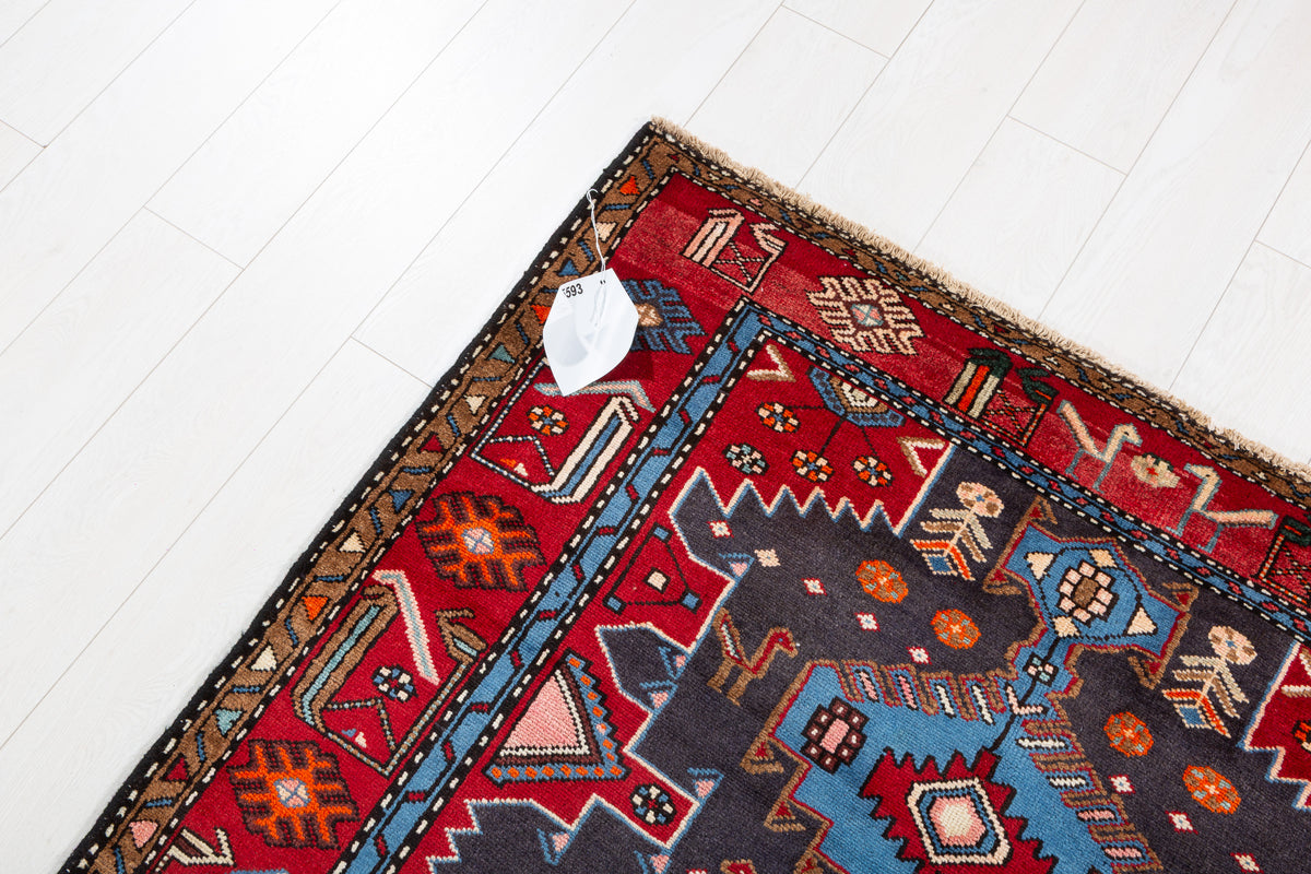 Collectible Vintage Turquoise blue, navy blue, red Geometric Hand-Knotted Area Rug – 6' 7" x 4' 0" (200 x 122 cm)