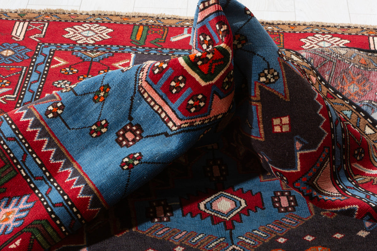Collectible Vintage Turquoise blue, navy blue, red Geometric Hand-Knotted Area Rug – 6' 7" x 4' 0" (200 x 122 cm)