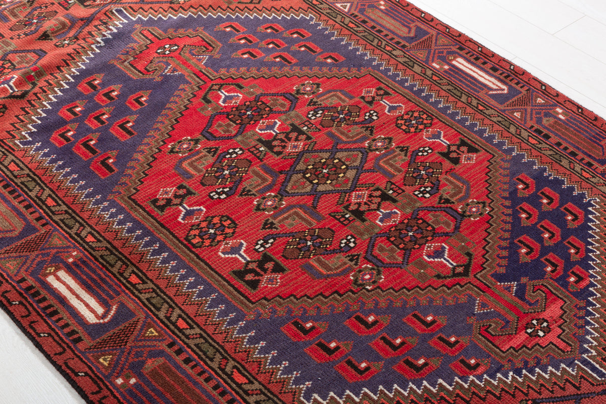 Vintage Rust red, blue Geometric Hand-Knotted Area Rug – 6' 6" x 4' 2" (198 x 127 cm)