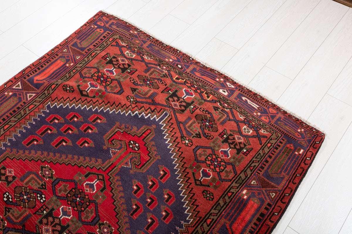 Vintage Rust red, blue Geometric Hand-Knotted Area Rug – 6' 6" x 4' 2" (198 x 127 cm)