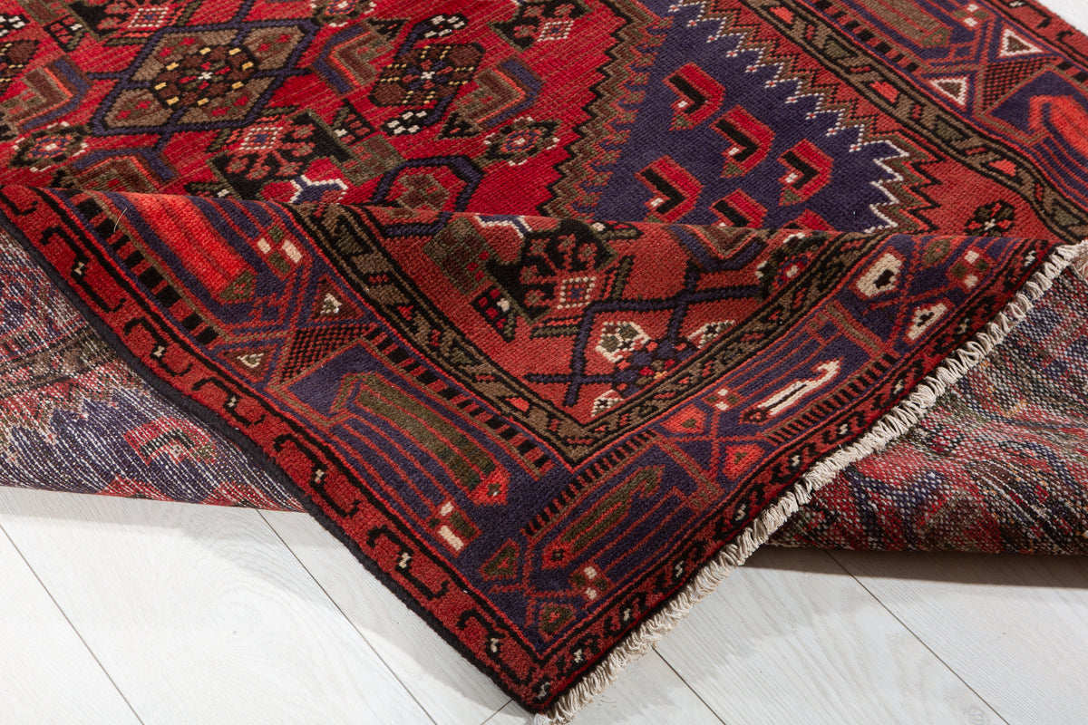 Vintage Rust red, blue Geometric Hand-Knotted Area Rug – 6' 6" x 4' 2" (198 x 127 cm)