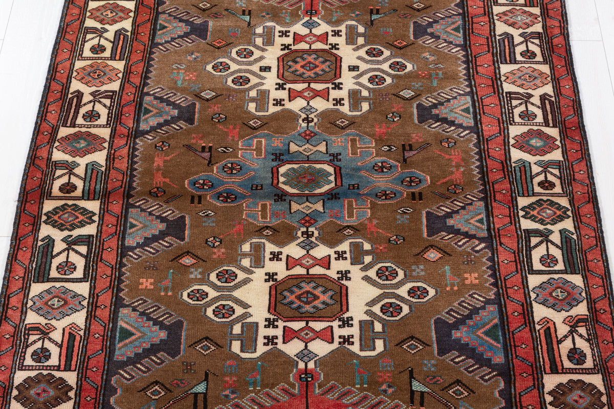 Vintage Brown Geometric Hand-Knotted Area Rug – 7' 0" x 4' 1" (213 x 125 cm)