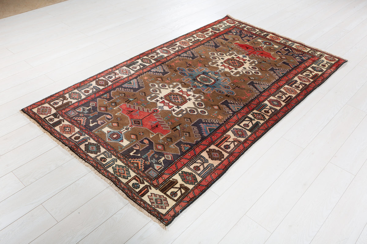 Vintage Brown Geometric Hand-Knotted Area Rug – 7' 0" x 4' 1" (213 x 125 cm)