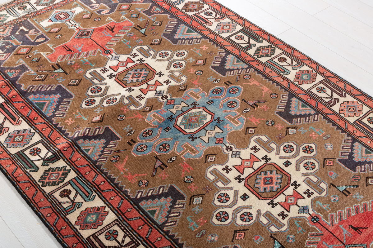 Vintage Brown Geometric Hand-Knotted Area Rug – 7' 0" x 4' 1" (213 x 125 cm)