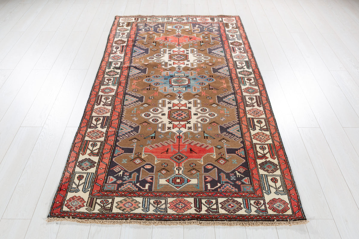 Vintage Brown Geometric Hand-Knotted Area Rug – 7' 0" x 4' 1" (213 x 125 cm)