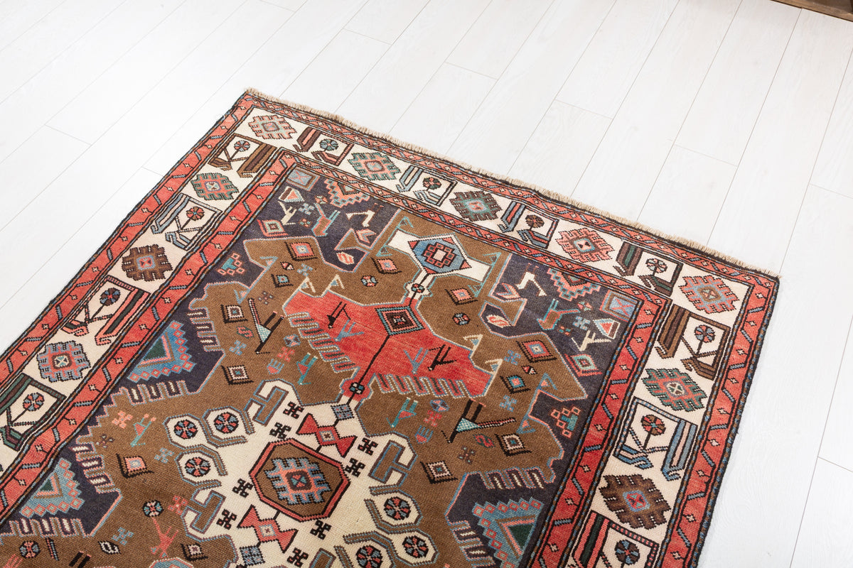 Vintage Brown Geometric Hand-Knotted Area Rug – 7' 0" x 4' 1" (213 x 125 cm)