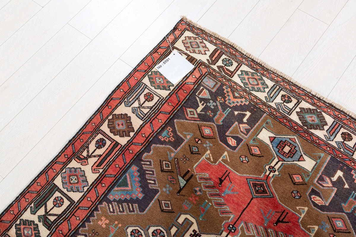 Vintage Brown Geometric Hand-Knotted Area Rug – 7' 0" x 4' 1" (213 x 125 cm)
