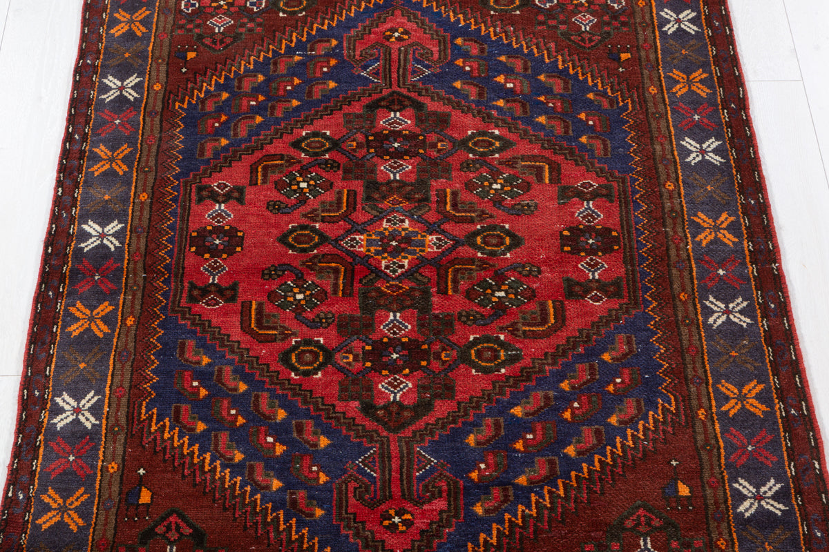 Vintage Rust Red, Navy Blue, Coral Geometric Medallion Hand-Knotted Area Rug – 6' 4" x 3' 11" (193 x 120 cm)