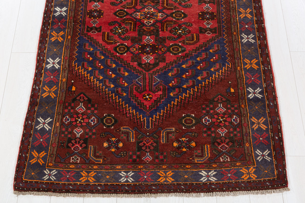 Vintage Rust Red, Navy Blue, Coral Geometric Medallion Hand-Knotted Area Rug – 6' 4" x 3' 11" (193 x 120 cm)