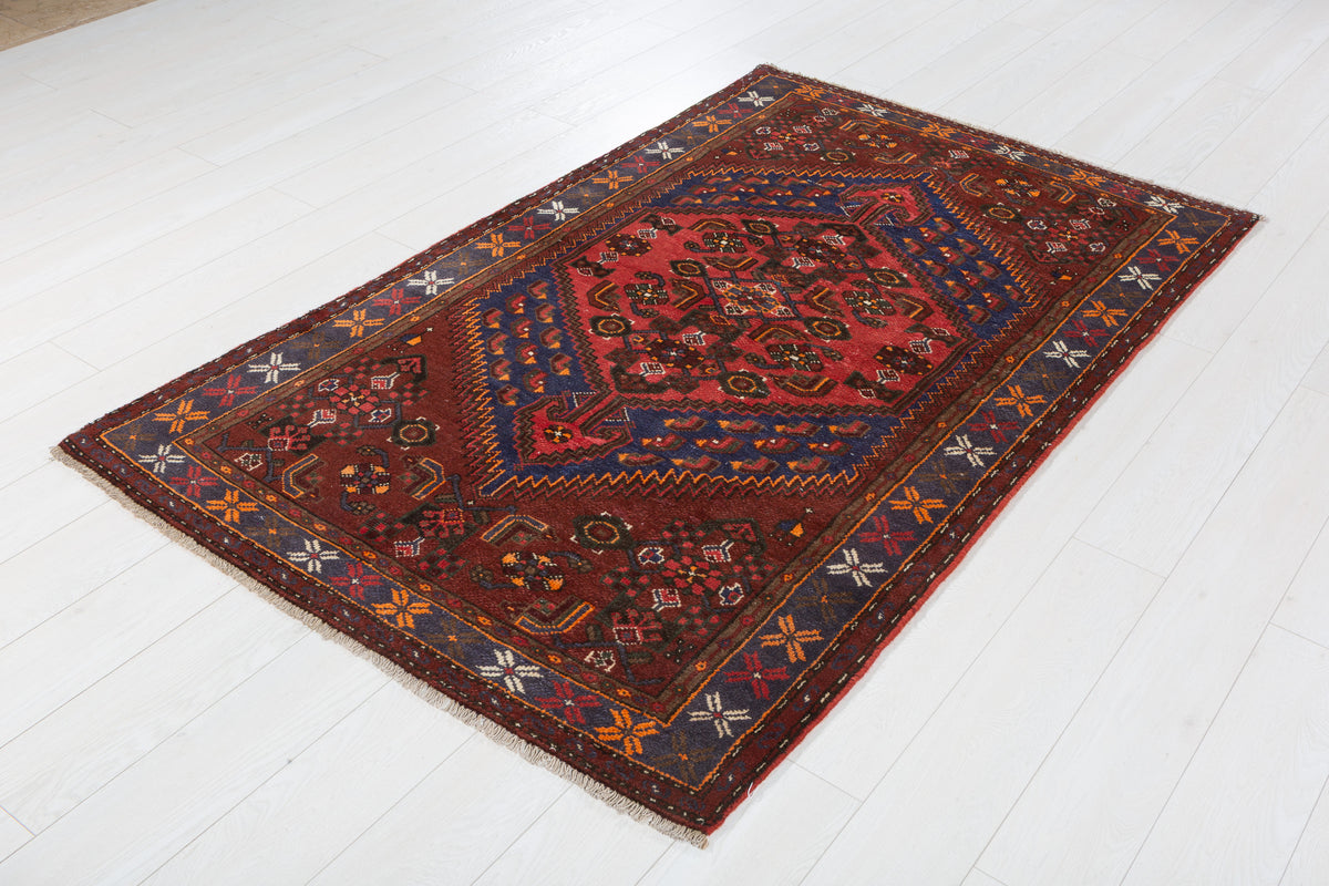 Vintage Rust Red, Navy Blue, Coral Geometric Medallion Hand-Knotted Area Rug – 6' 4" x 3' 11" (193 x 120 cm)