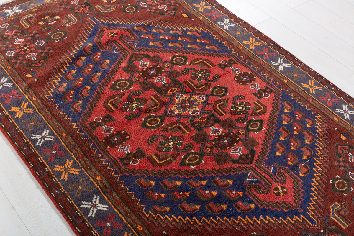 Vintage Rust Red, Navy Blue, Coral Geometric Medallion Hand-Knotted Area Rug – 6' 4" x 3' 11" (193 x 120 cm)