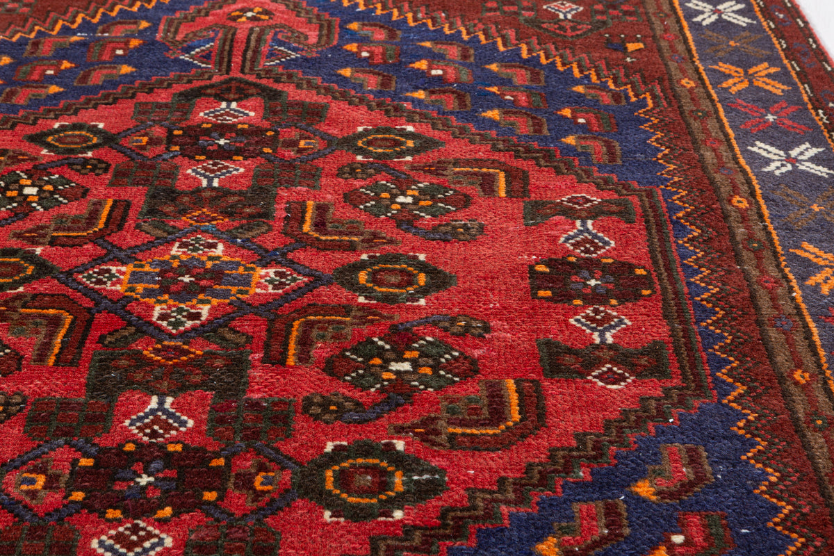 Vintage Rust Red, Navy Blue, Coral Geometric Medallion Hand-Knotted Area Rug – 6' 4" x 3' 11" (193 x 120 cm)